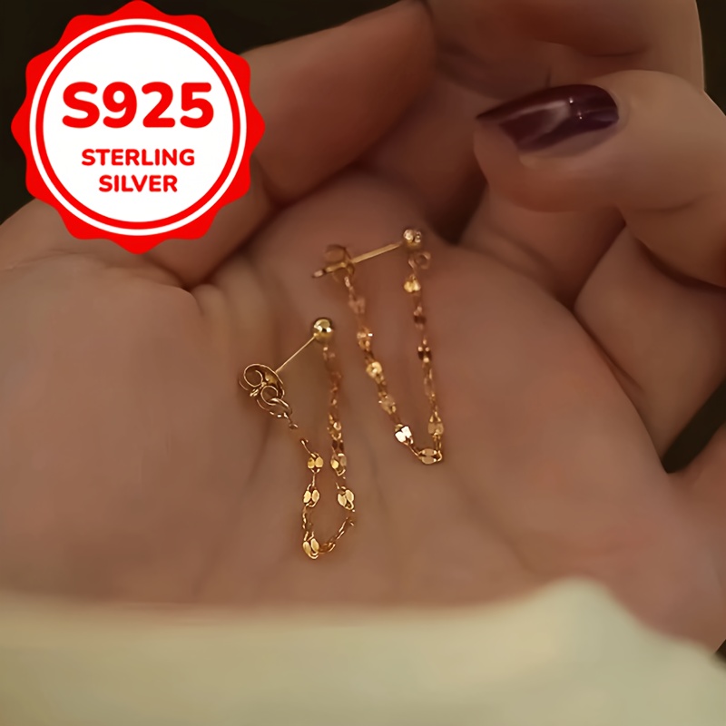 925 Sterling Silver Galaxy Sparkle Lip Chain Tassel Stud Earrings, Gift